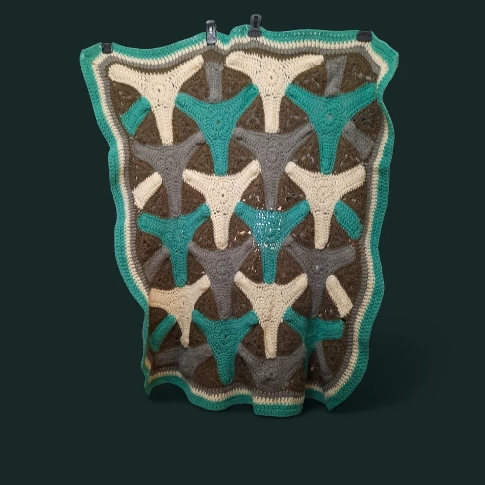 Handmade Crochet in Blue Green, Gray, and Cream 42x36 Throw